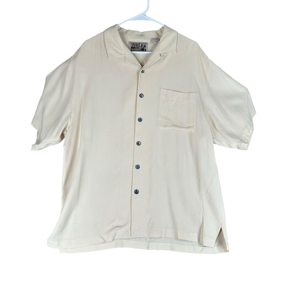 Tiki Classic Men’s L Large Cream‎ 100% Silk SS Button Shirt Tropical Neutral